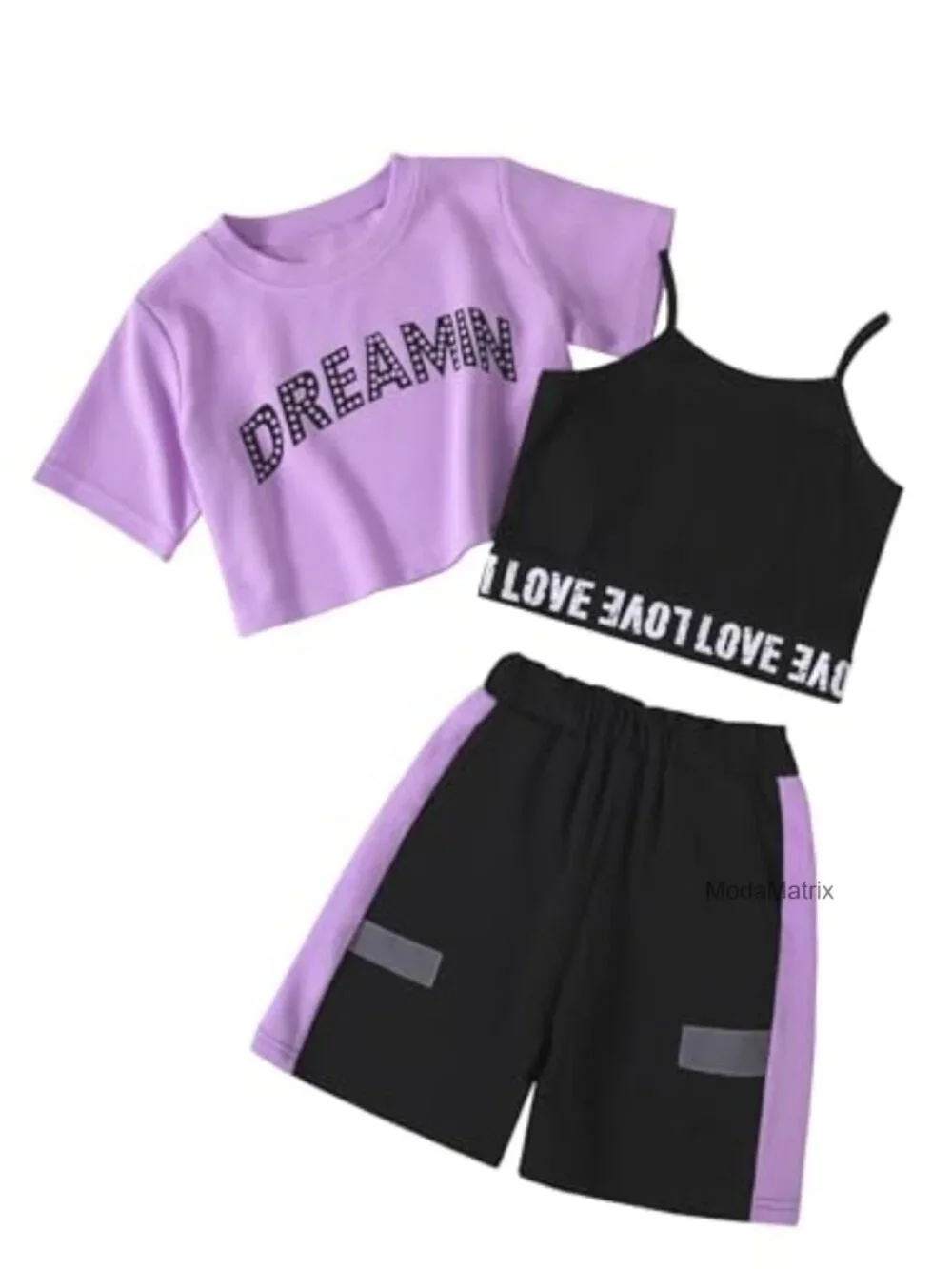 Girls 3 Piece Summer Outfits Graphic Crop Tee and Cami Top with Shorts Set